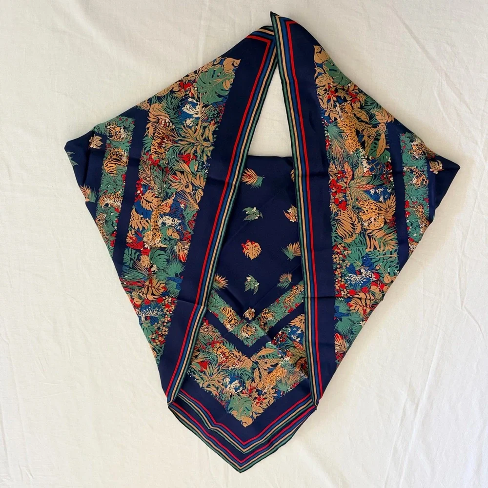 Vtg Christian Dior Hand Rolled Silk Scarf Jungle Animal Navy France Made 29.5”